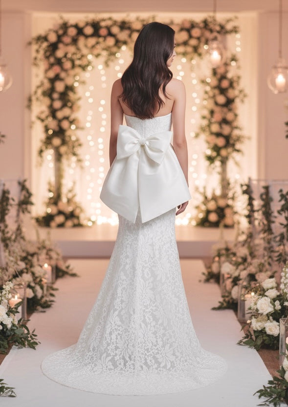 Strapless sweetheart corset lace mermaid peplum taffeta bow back gown