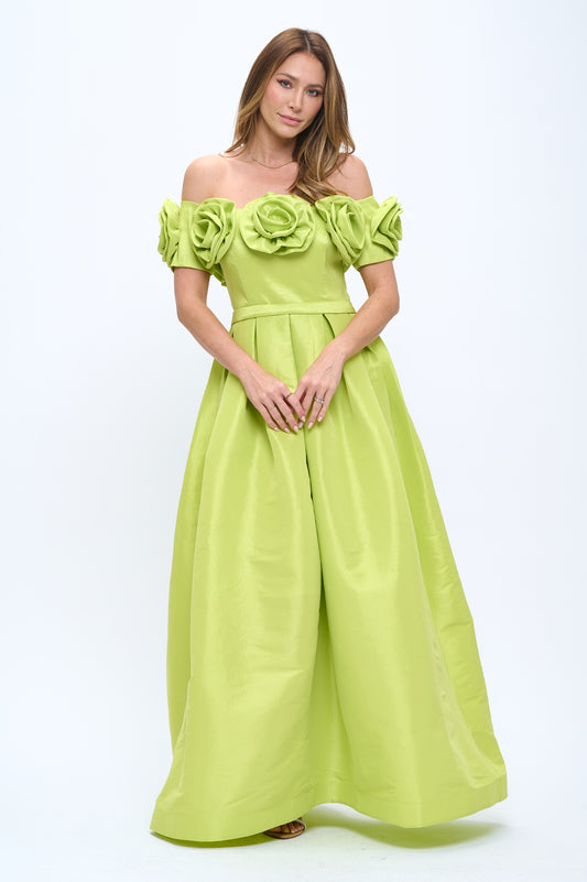 Rose bloom off shoulder taffeta gown