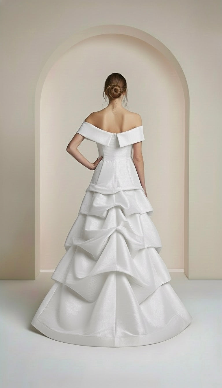 Off shoulder taffeta layered cupcake gown