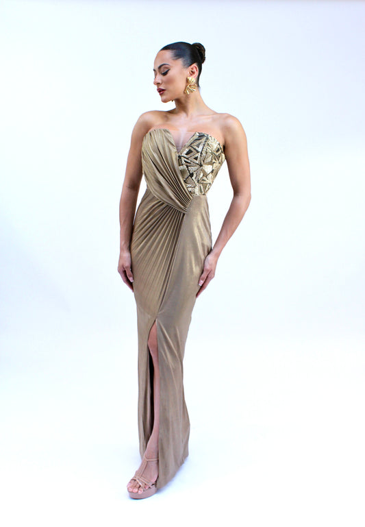 *Pre-Order strapless bronze formal dress