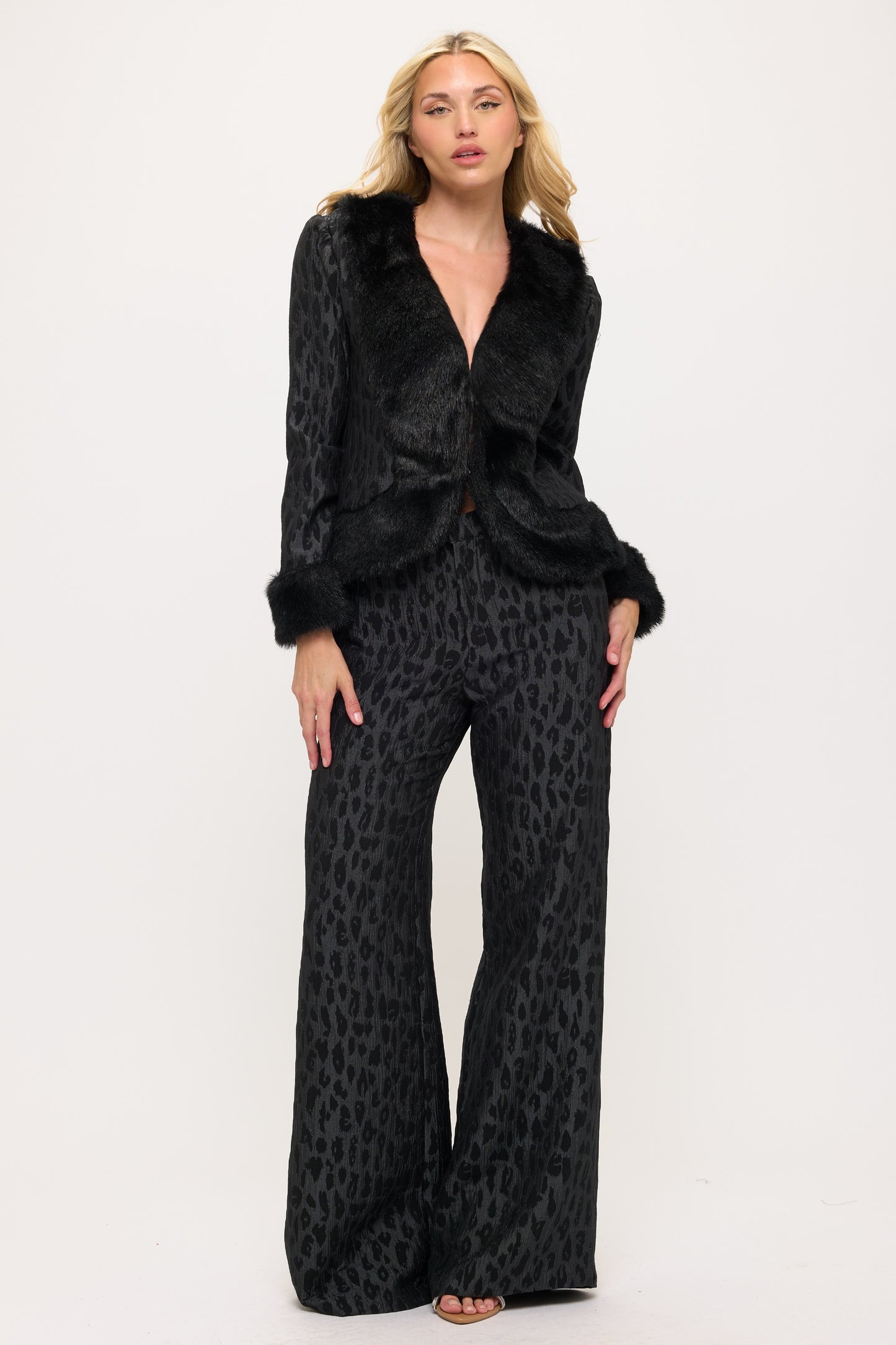 Leopard print and fur trim jacket and high waisted pants set