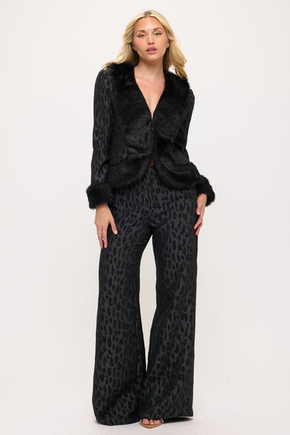 Leopard print and fur trim jacket and high waisted pants set