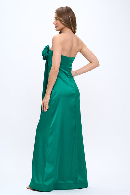 Rose wrap strapless stretchy satin maxi gown