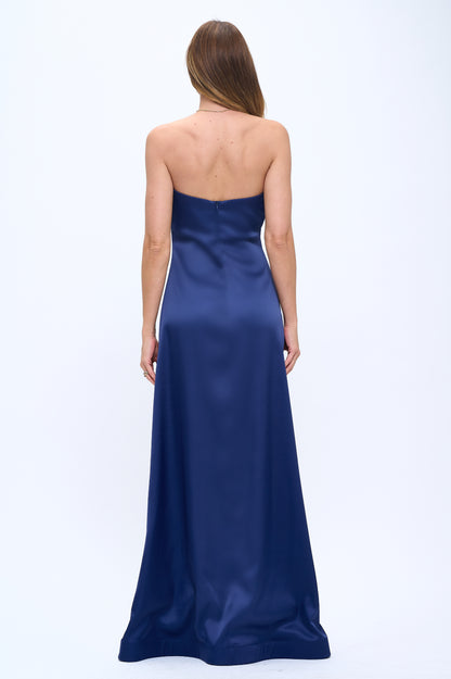 Rose wrap strapless stretchy satin maxi gown