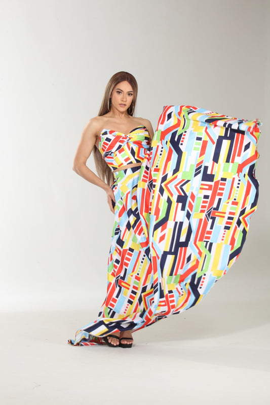Geometric print colorful crop top and maxi skirt set with pockets