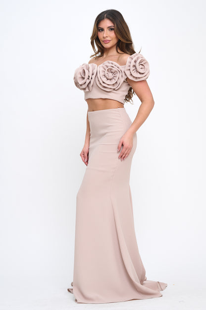 Rose detail off shoulder crop top and maxi skirt set