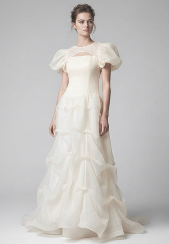 Silk organza corset strapless layered gown with puff shoulder detachable bolero