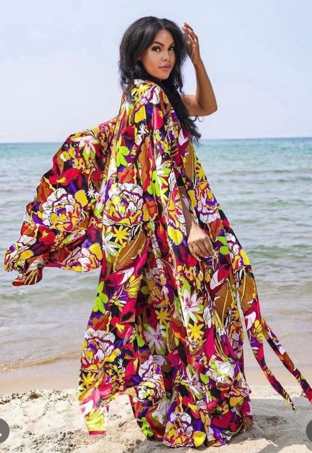 Cara tropical flower print kimono satin cape top with matching high waisted pants set