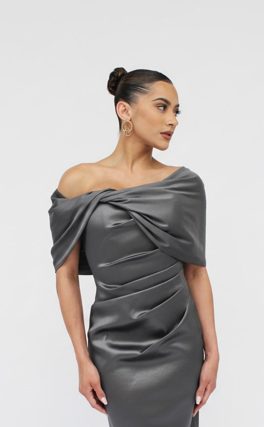 Taffeta twist tea length off shoulder gathered midi back slit dress