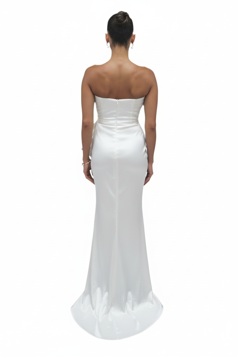 Strapless cascading drape gown