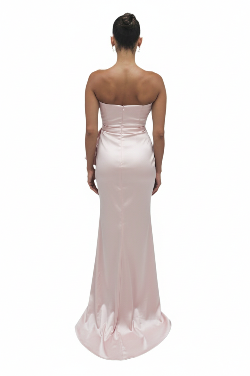 Strapless cascading drape gown