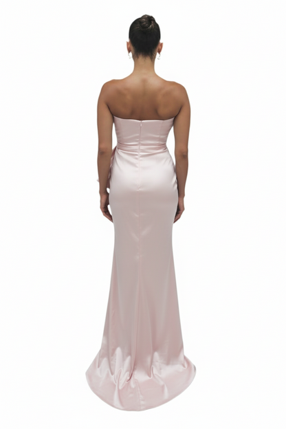 Strapless cascading drape gown