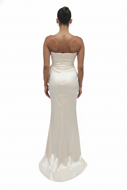 Strapless cascading drape gown