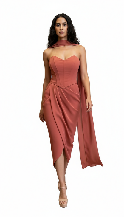 Strapless satin crepe corset gathered tulip hem maxi dress and matching scarf