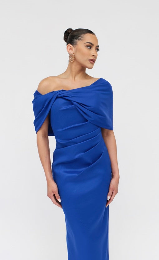 Taffeta twist tea length off shoulder gathered midi back slit dress