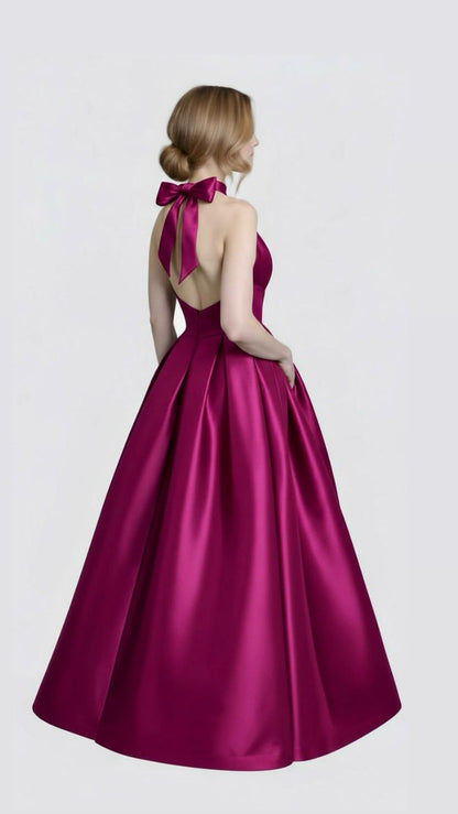 Deep plunging neckline halter taffeta ballgown