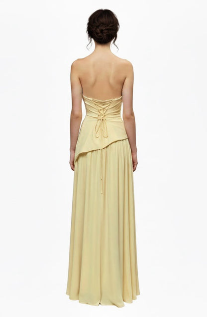 Strapless corset asymetrical peplum dobby slit gown and matching scarf