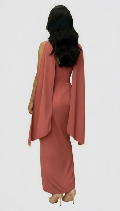 Strapless satin crepe corset gathered tulip hem maxi dress and matching scarf