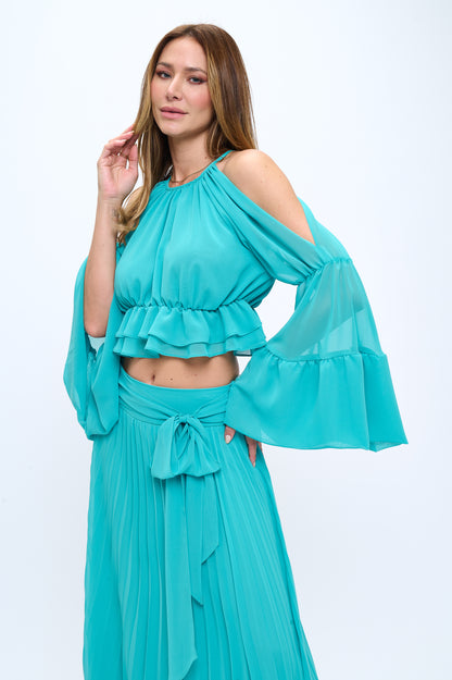 Chiffon ruffle crop top and maxi skirt set