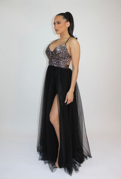 Sequin and tulle side slit tie back gown