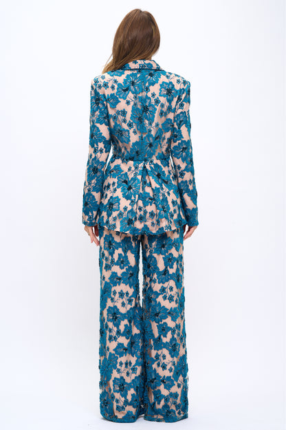 Embroidered floral lace sequin detailed peplum jacket and pants suit set