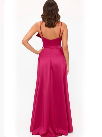 Asymmetrical oversized bow detail stretch taffeta slit gown