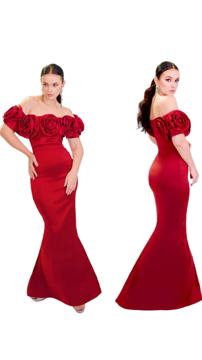 Satin print plunging neckline maxi gown