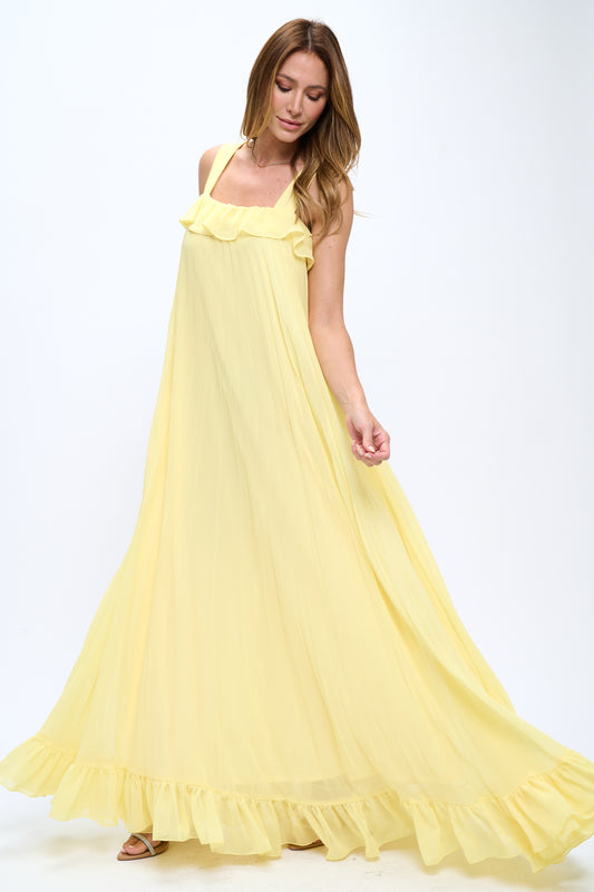 Pleated chiffon flowy ruffle maxi dress