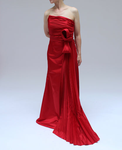 Victorian satin asymmetrical strapless knot detail side slit Ivanka gown