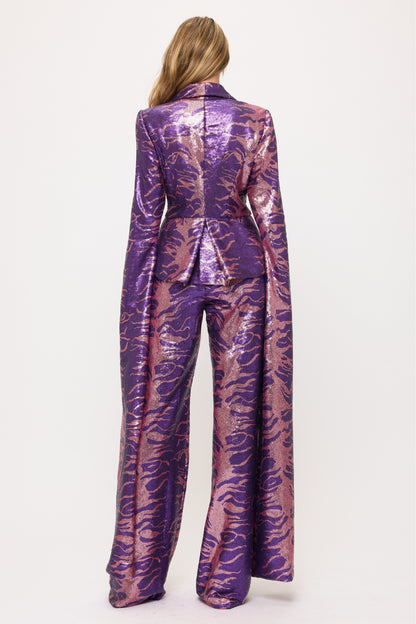 Shining sequin sweeping split sleeve jacket and high waisted pants set