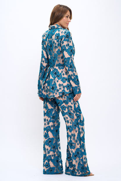 Embroidered floral lace sequin detailed peplum jacket and pants suit set