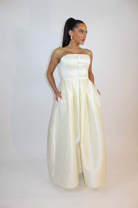 Indulge in luxury taffeta button detail strapless corset gown w pockets