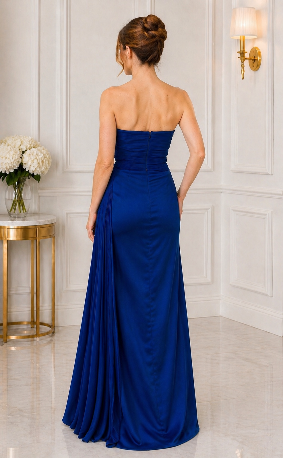 Strapless pleated bow taffeta slit gown