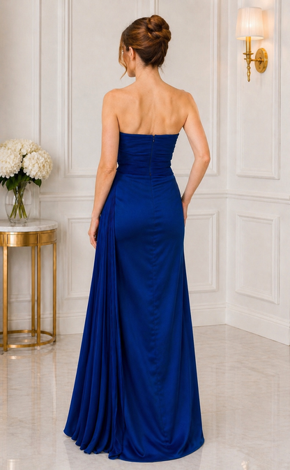 Strapless pleated bow taffeta slit gown