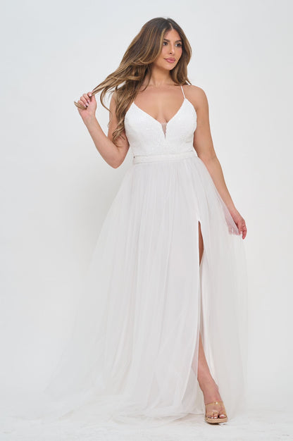 Sequin and tulle side slit tie back gown