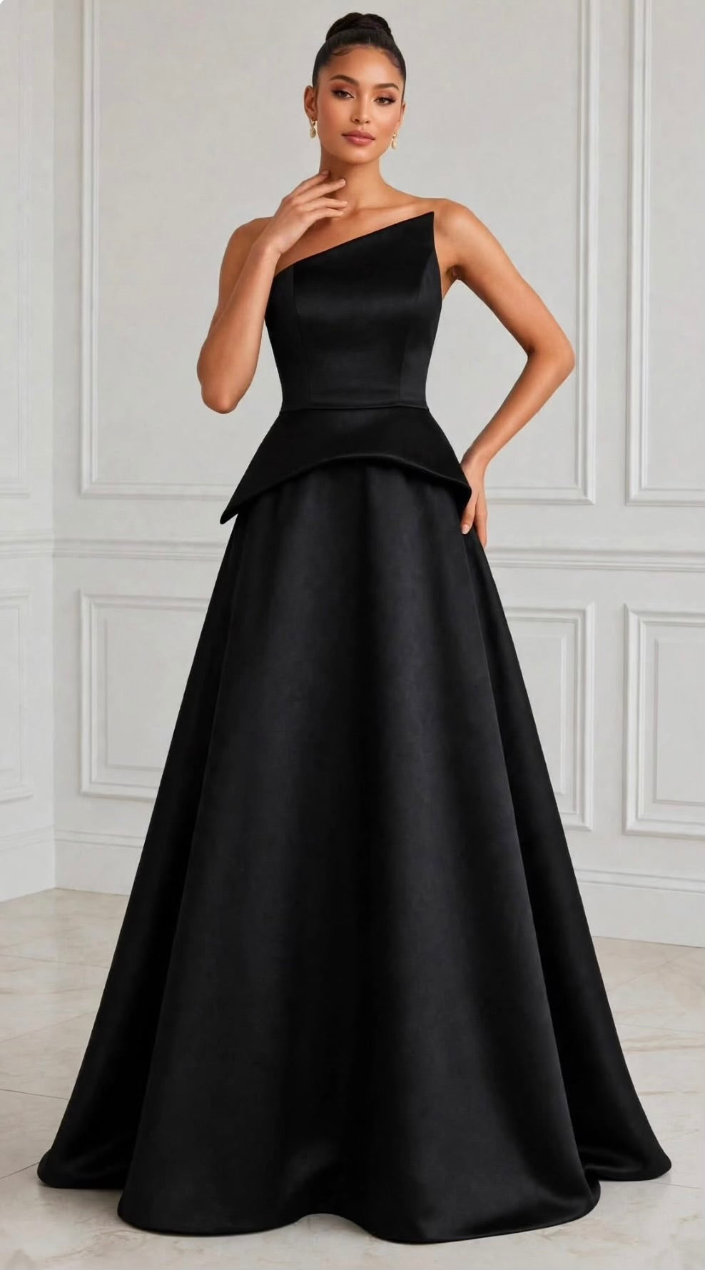 Exquisite asymmetrical taffeta strapless peplum gown