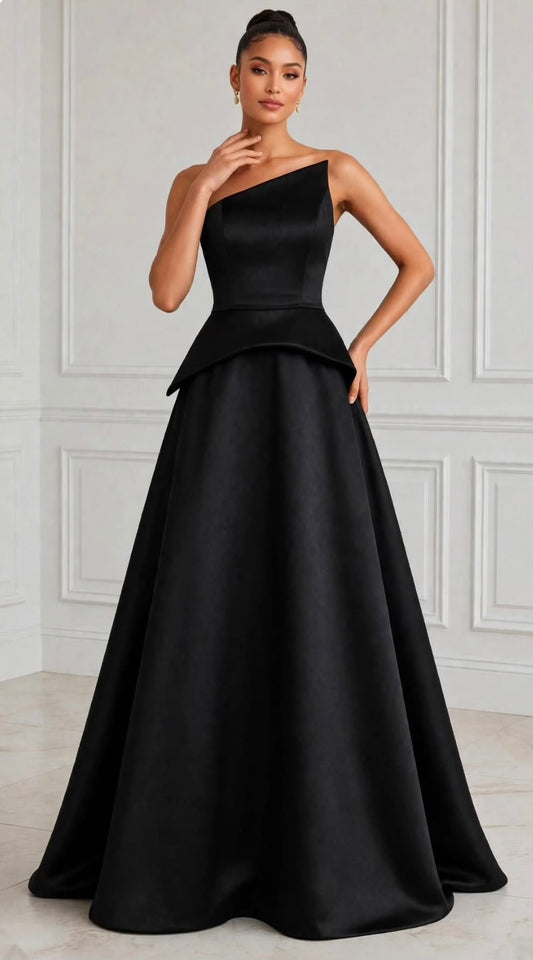 Exquisite asymmetrical taffeta strapless peplum gown