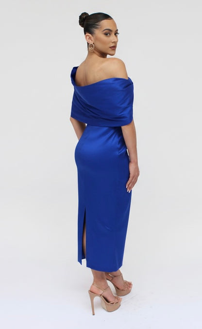 Taffeta twist tea length off shoulder gathered midi back slit dress