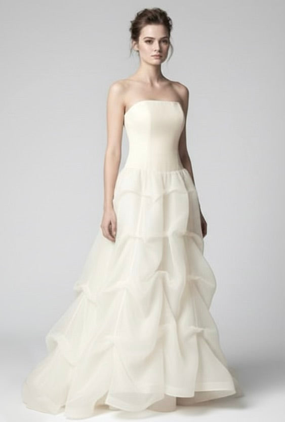 Silk organza corset strapless layered gown with puff shoulder detachable bolero