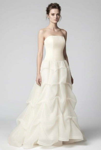 Silk organza corset strapless layered gown with puff shoulder detachable bolero