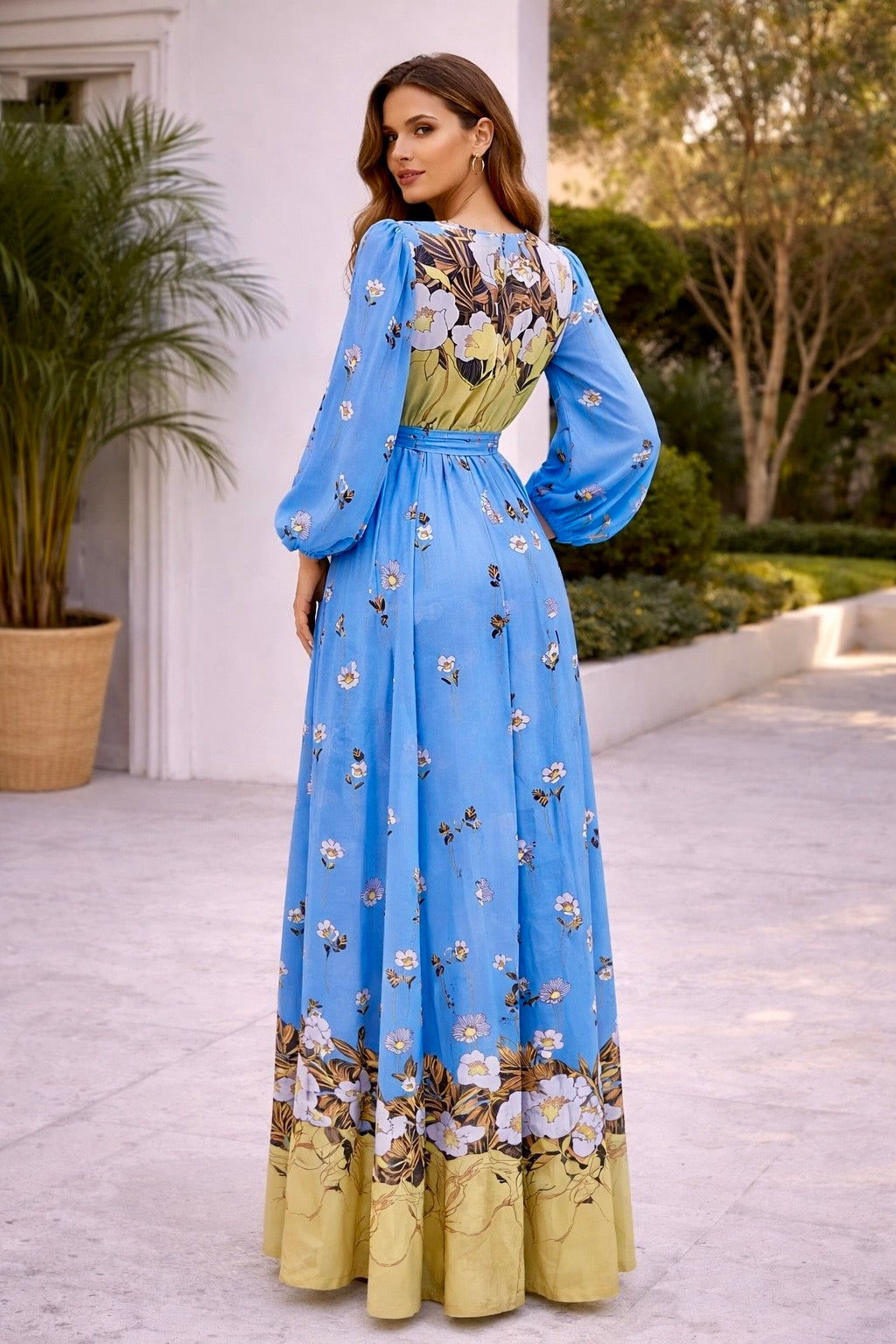 Honey floral long sleeve waist tie flowy chiffon maxi dress Multi Blue/Yellow / L Honey floral long sleeve waist tie flowy chiffon maxi dress Multi Blue/Yellow / L