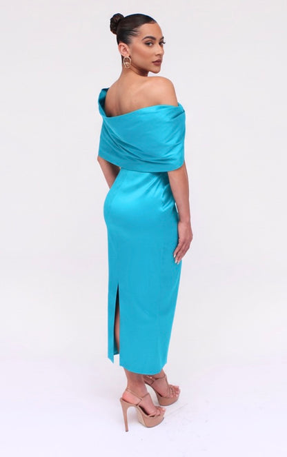 Taffeta twist tea length off shoulder gathered midi back slit dress