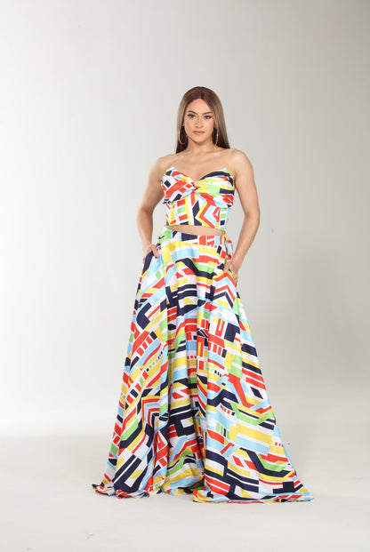 Geometric print colorful crop top and maxi skirt set with pockets