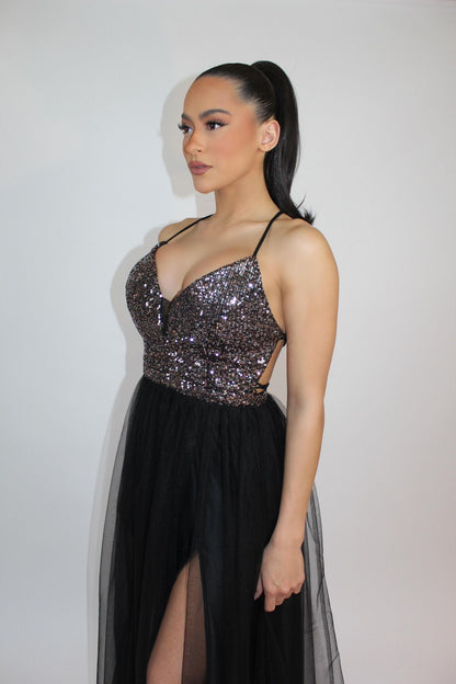 Sequin and tulle side slit tie back gown