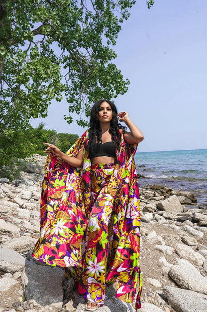 Cara tropical flower print kimono satin cape top with matching high waisted pants set