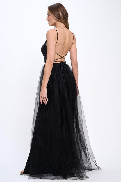 Sequin and tulle side slit tie back gown