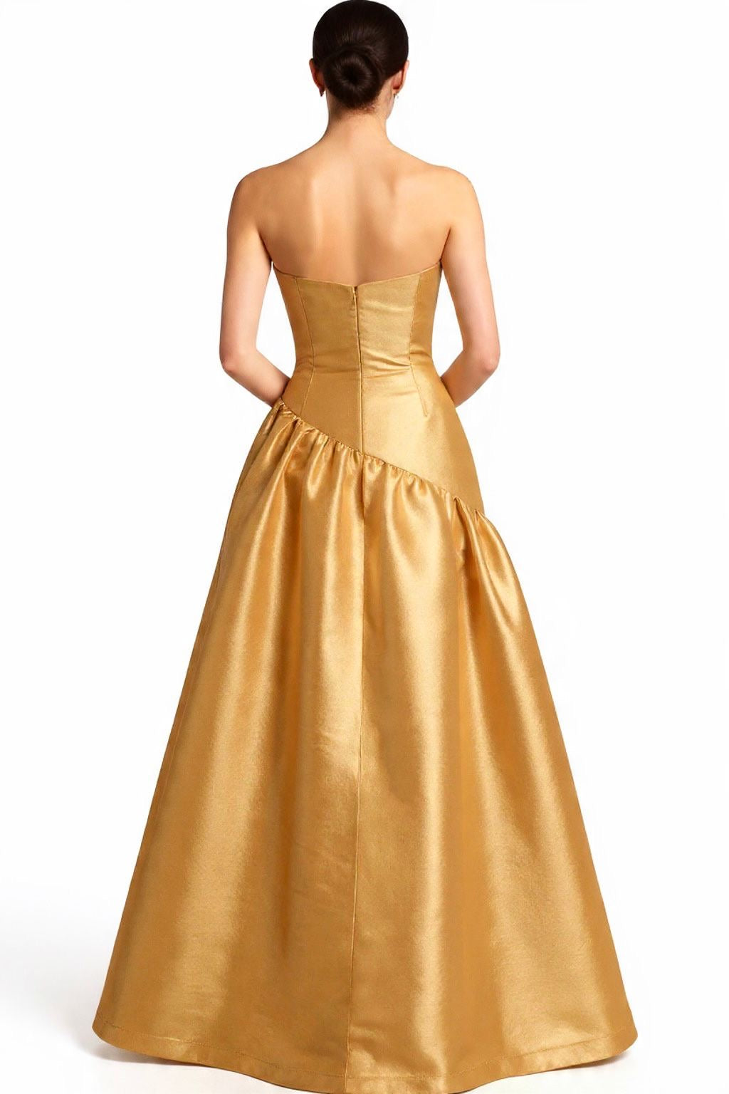 Strapless taffeta asymmetrical back detail gown