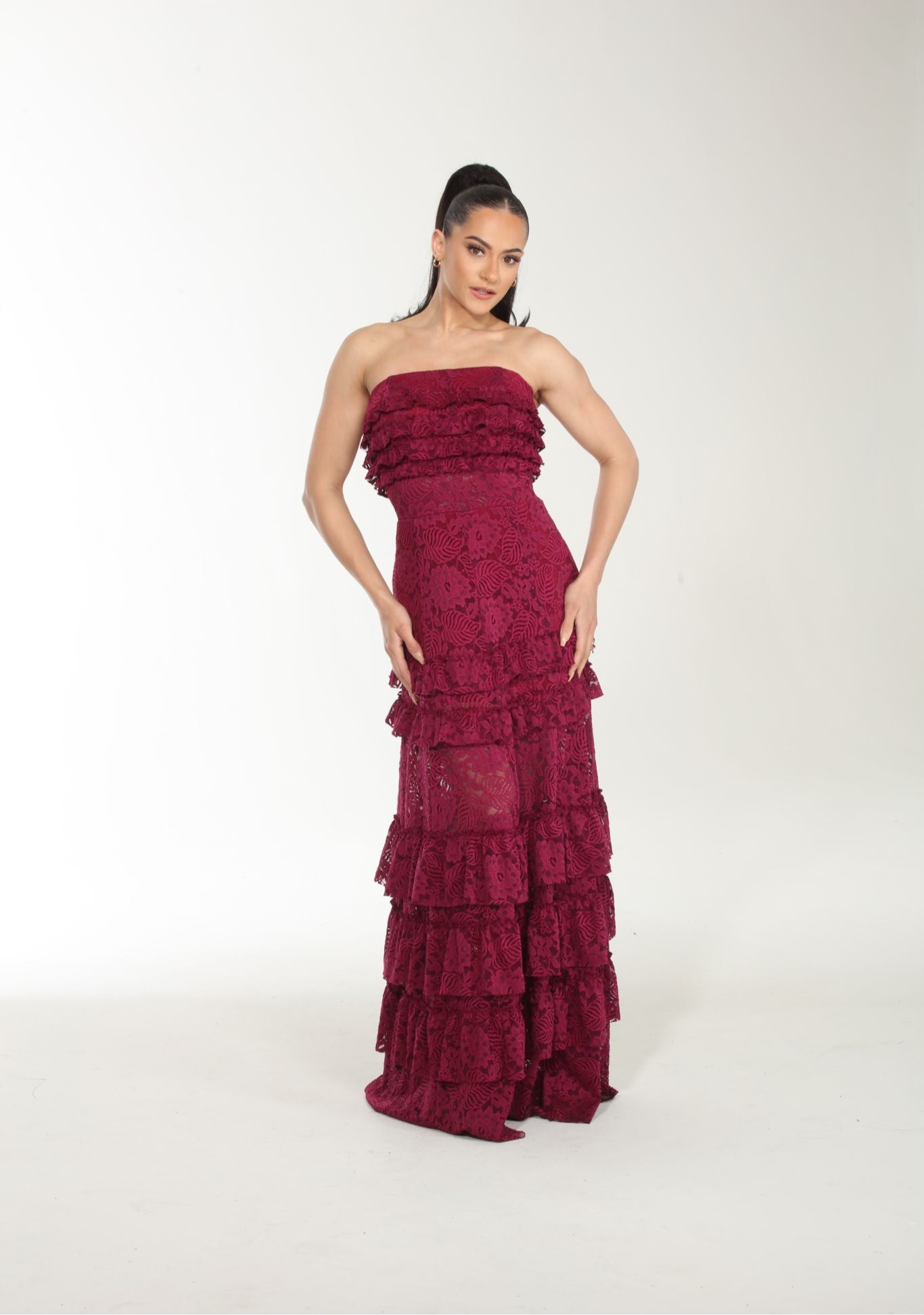 Make a toast strapless tiered long lace dress