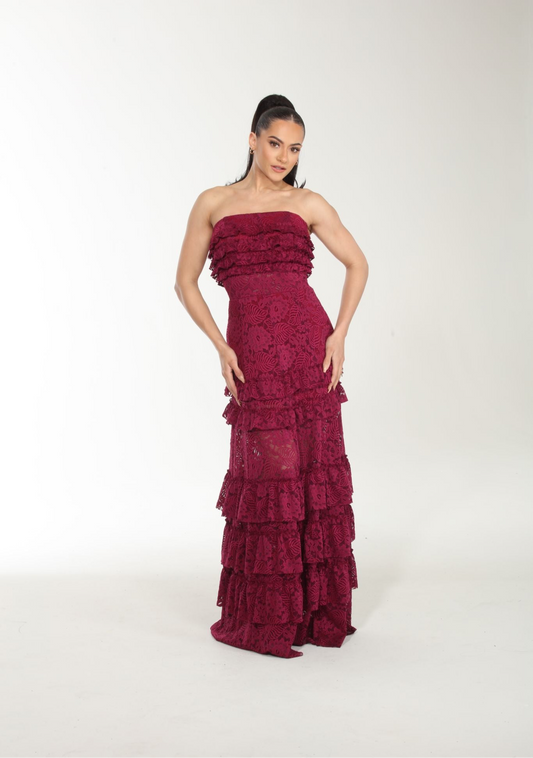 Make a toast strapless tiered long lace dress