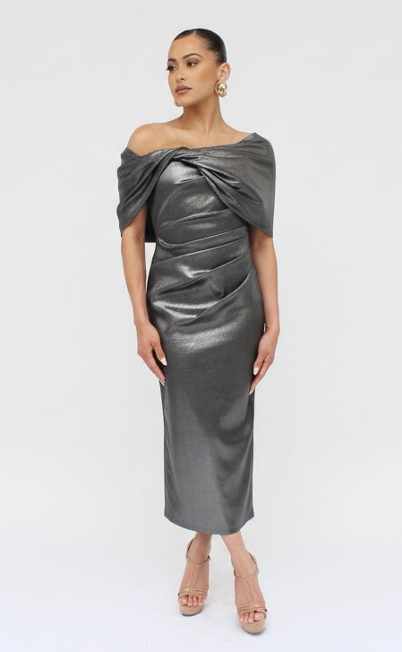 Taffeta twist tea length off shoulder gathered midi back slit dress